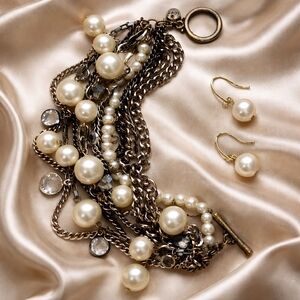 LOFT Pearl and Bronze & Gold-Tone Multi-Chain Bracelet with Matching Earrings